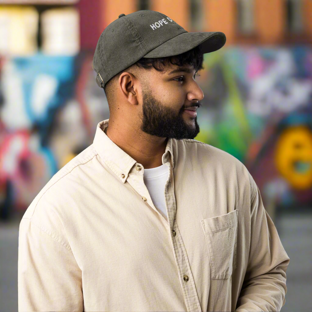 A man with a beard wearing a gray cap and beige shirt stands outdoors, looking to the side. The background is colorful and blurred, resembling a graffiti-covered wall.