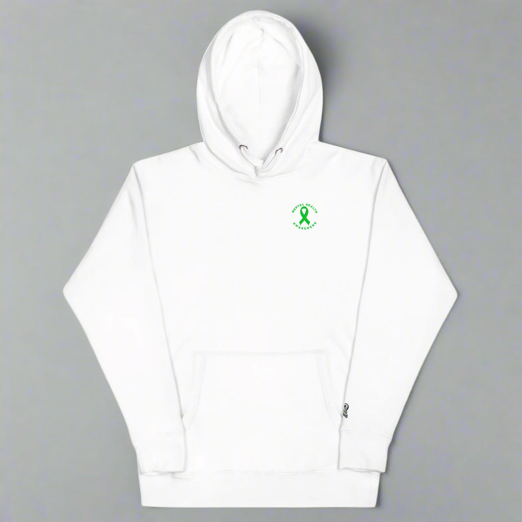 The You Are Not Alone Mental Health Awareness Hoodie is a plain white hoodie with a small green ribbon and text on the upper left chest, front pocket, and drawstrings—ideal support apparel for mental health awareness.