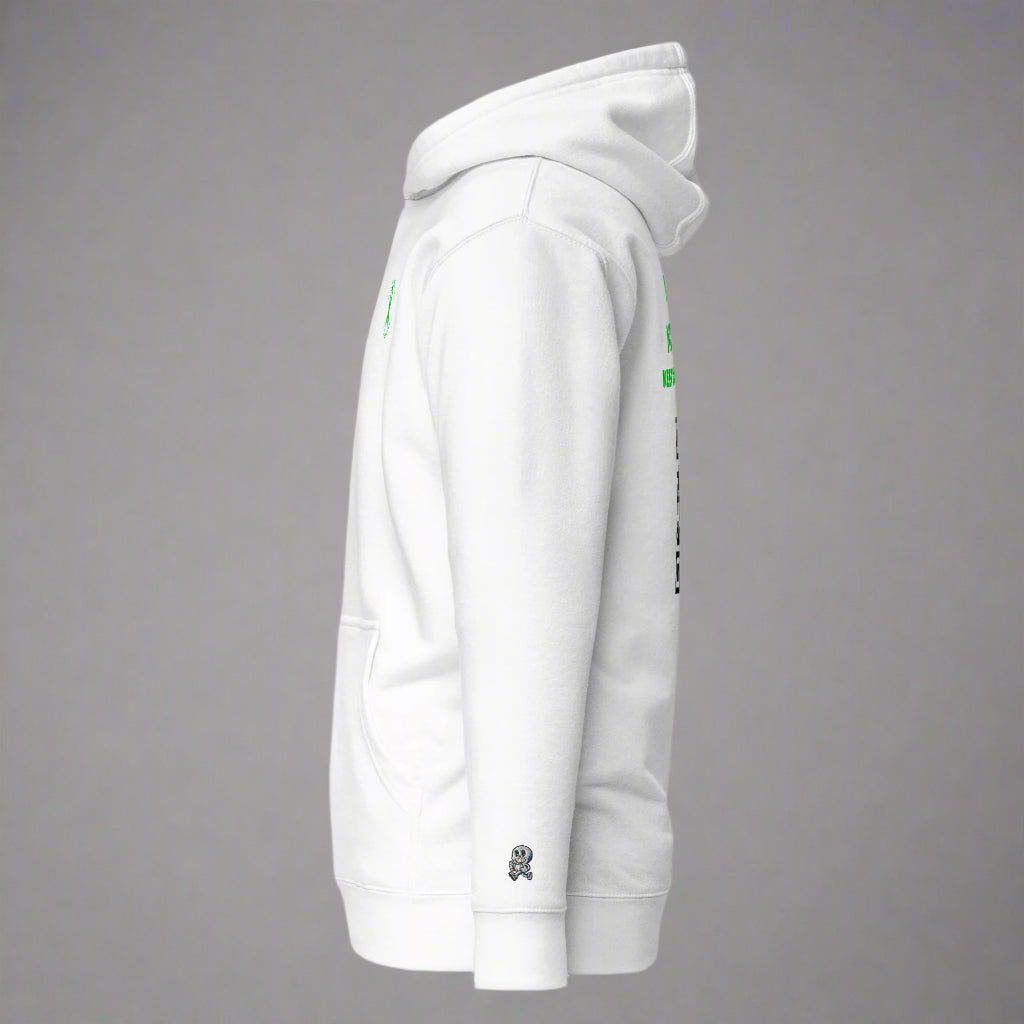 Side view of the You Are Not Alone Mental Health Awareness Hoodie in white, with a front pocket, small blue cartoon skull on the lower sleeve, and green and black text accents—ideal support wear for mental health awareness.