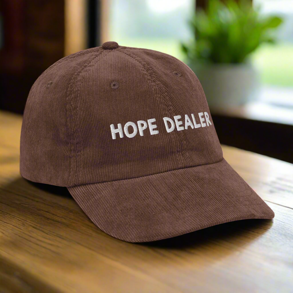 Brown cap with 'HOPE DEALER' text on a white background