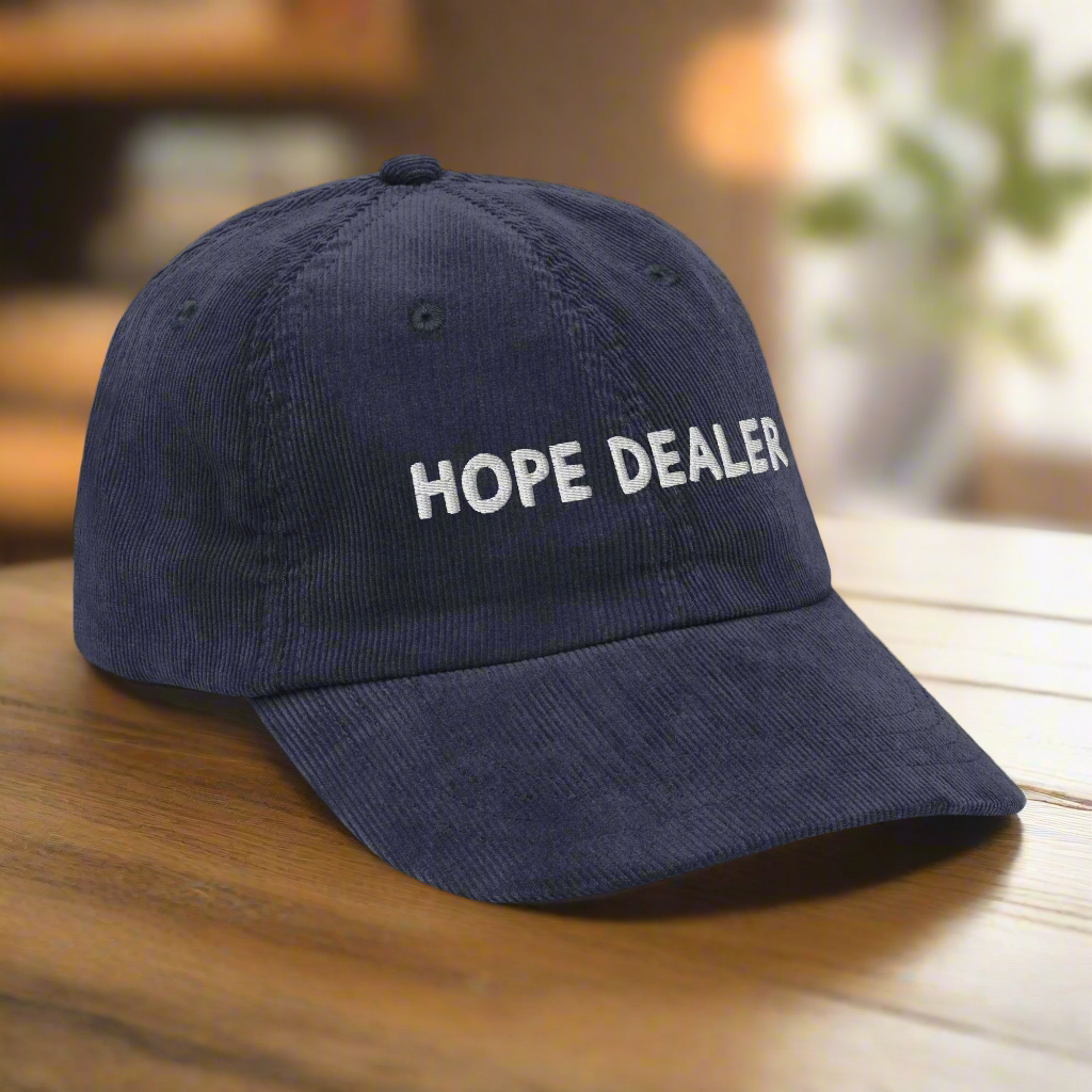 Navy blue cap with 'HOPE DEALER' text on a white background