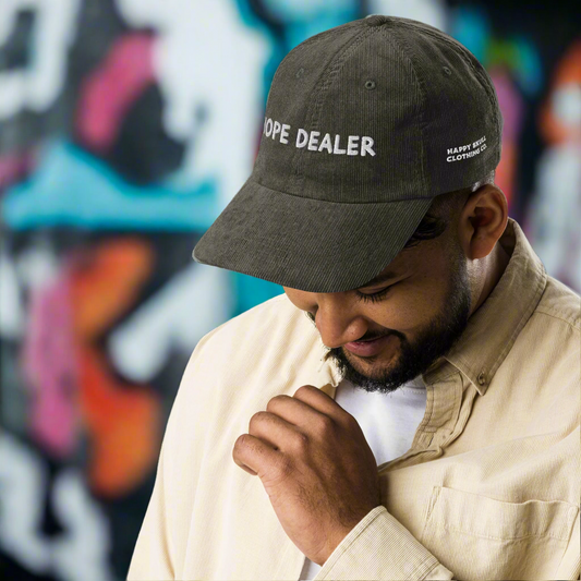 A man wearing a dark Hope Corduroy Hat with embroidered lettering smiles as he looks down, standing in front of a colorful graffiti wall. He wears a light shirt and holds the collar in one hand.